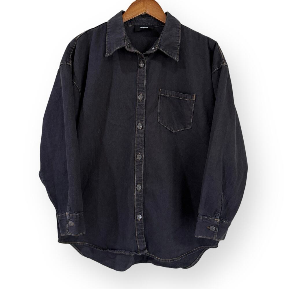 Cotton On Denim Shirt Womens S Dark Wash Blue Black Button Up Long Sleeve Pocket